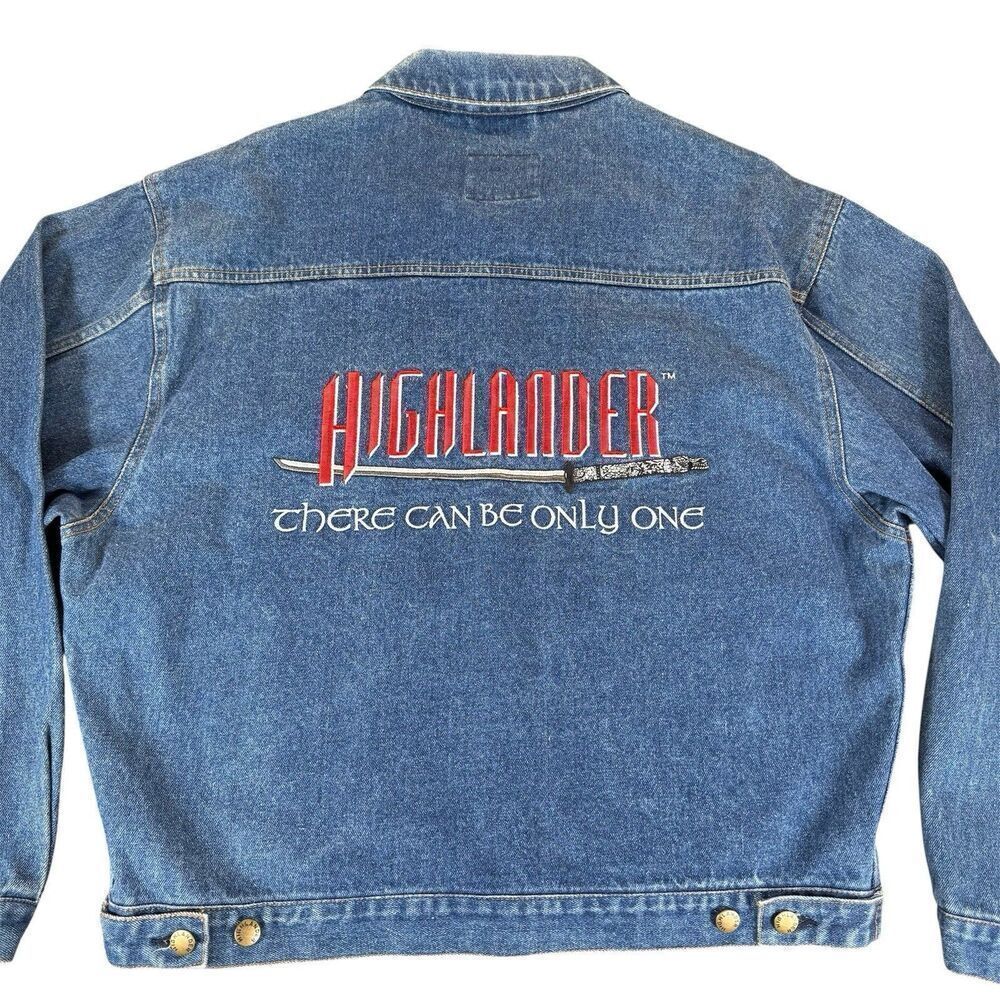Vintage Highlander Sz L Denim Jacket There Can Only Be One Embroidered 90s Y2k